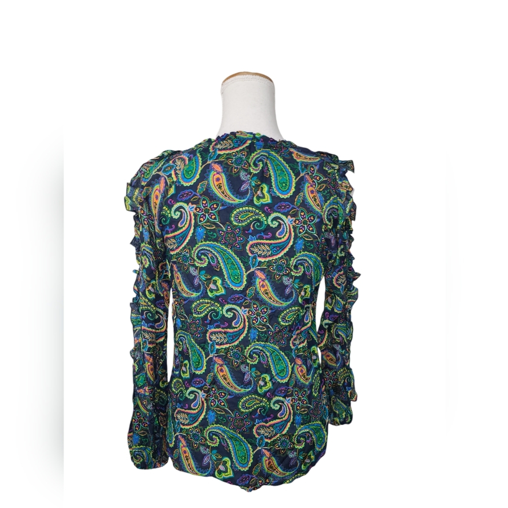 WILLOW DRIVE SHIRT WOMENS OVERSIZED XS GREEN PAISLEY COLD SHOULDER BLOUSE TOP - Picture 5 of 12